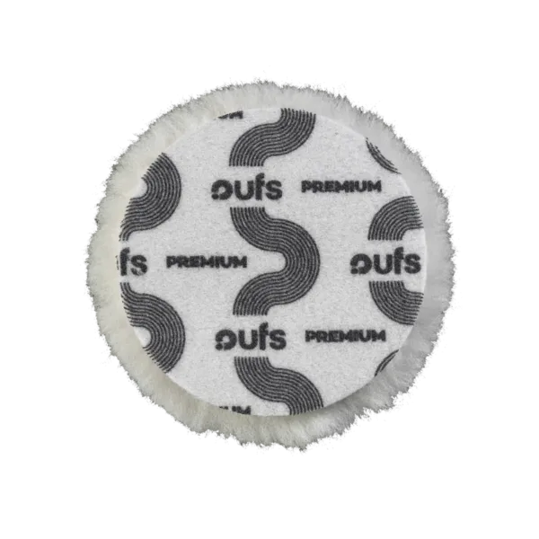 FURY M white super cut rotary wool pad 135mm rear velcro backing with PUFS Premium branding