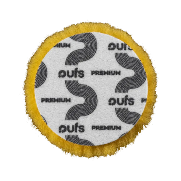 FURY D yellow heavy cut rotary wool pad 135mm rear velcro backing with PUFS branding